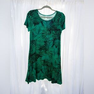 Popyoung T-shirt Dress - Summer Casual Short-Sleeve - Leafy Green Print - Small